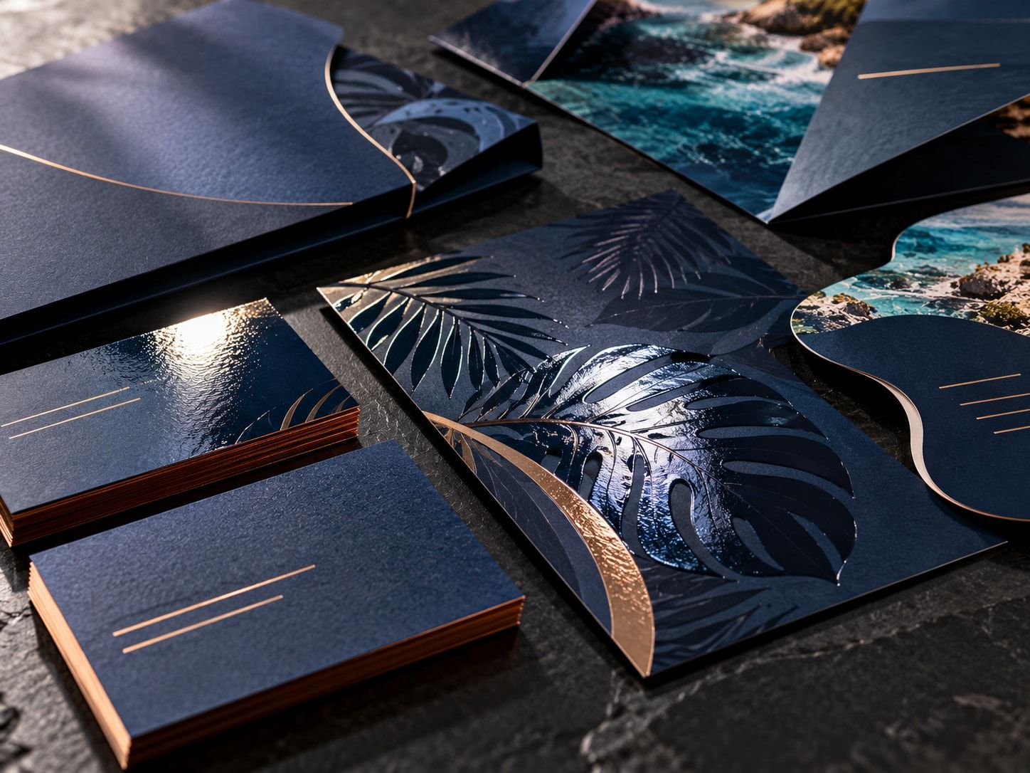 Tarjetas y folders en azul marino con barniz UV brillante sobre hojas tropicales, laminado mate, suaje curvo y detalles metálicos.