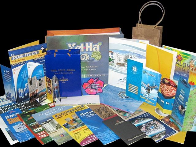 Trabajos impresos por Publitech: mapa plegado, folletos, carpetas, manuales y volantes para parques, hoteles y empresas.