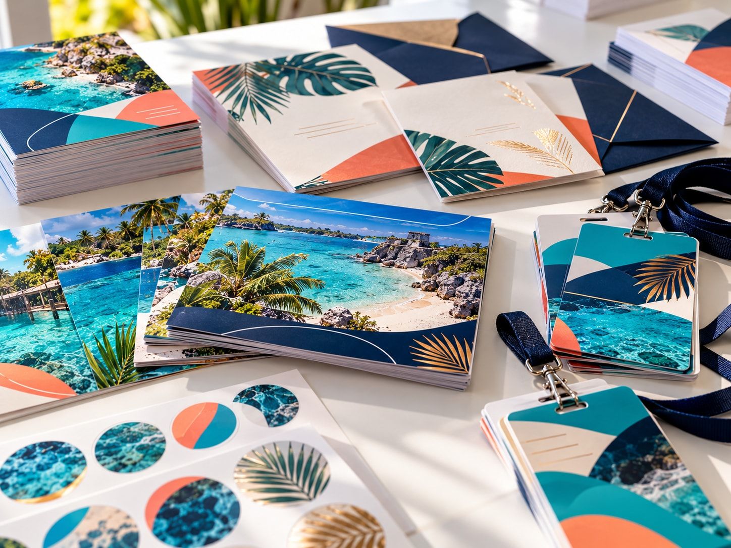 Postales del Caribe, volantes, invitaciones con sobre y hojas de stickers impresos a todo color.