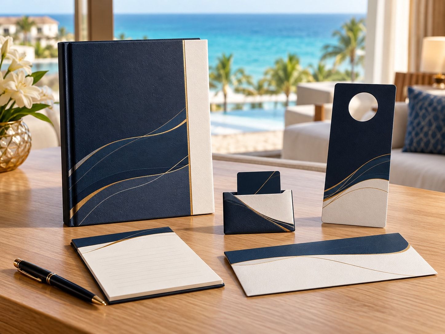 Directorio de habitación, colgante de puerta, portatarjetas, block de notas y sobre en azul marino y dorado sobre un escritorio con vista al mar.