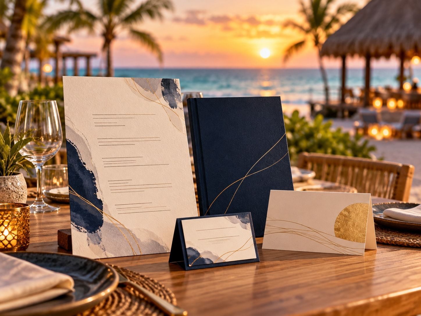 Menú, carta de vinos y tarjetas impresas en azul marino y dorado sobre una mesa de restaurante frente al mar.