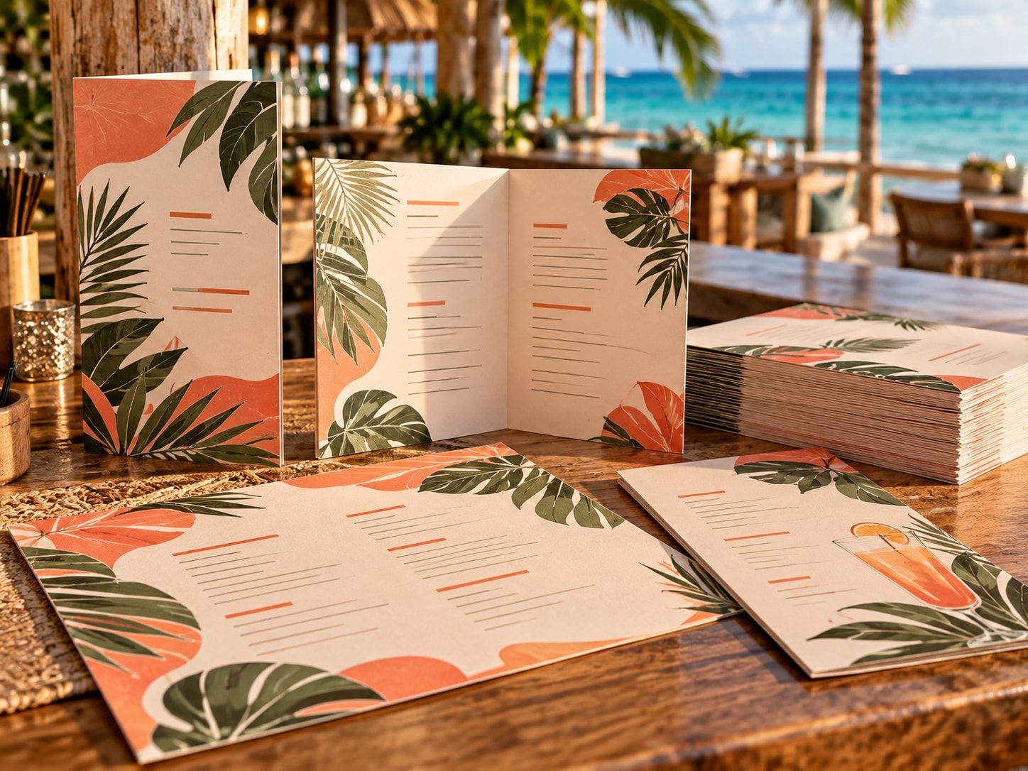 Menú díptico, tríptico, individual de mesa y carta de bebidas impresos en blanco, coral y verde sobre la barra de un beach club.