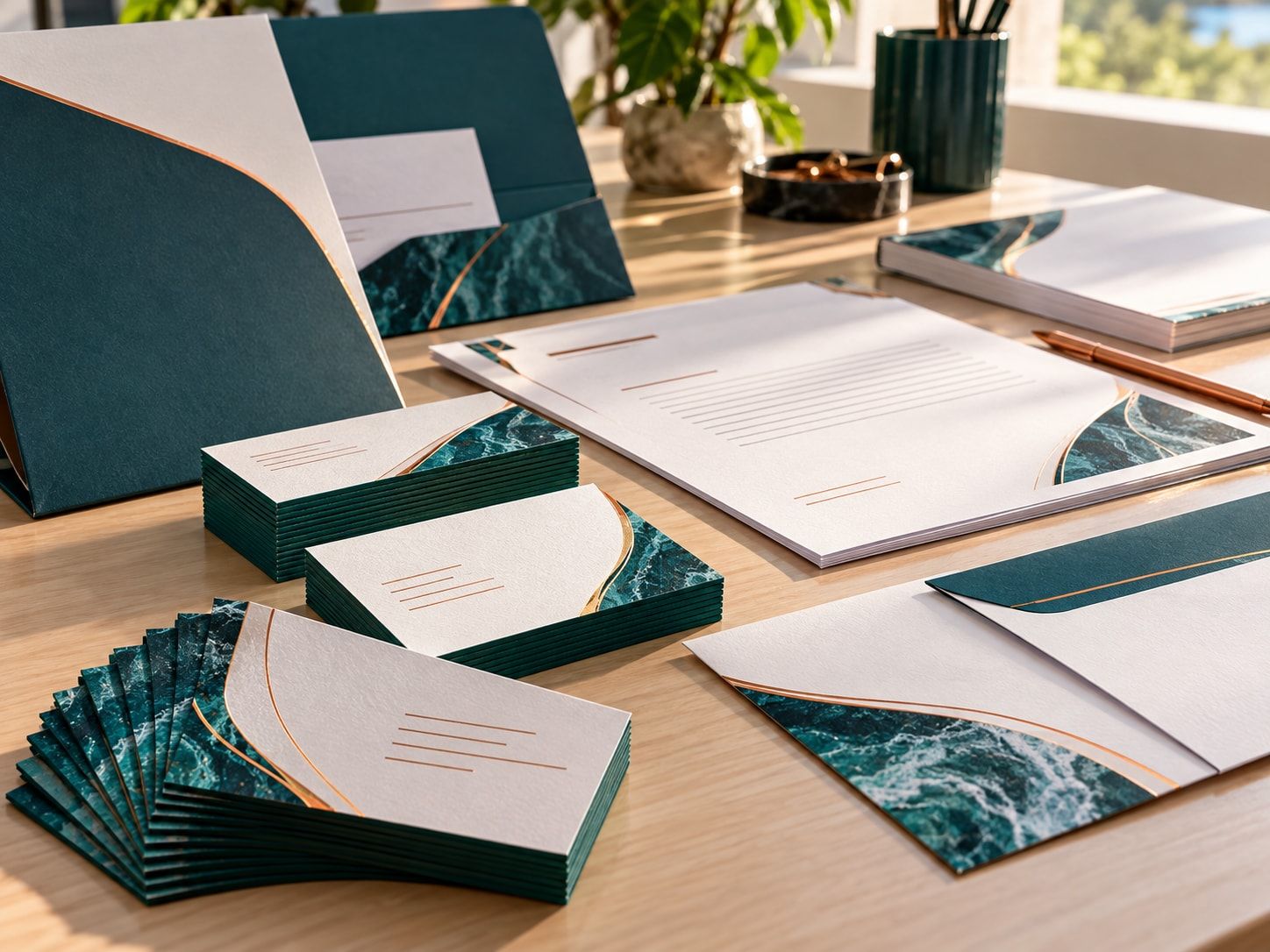Tarjetas de presentación, hojas membretadas, sobres y folder con un mismo diseño en verde azulado y cobre sobre un escritorio.