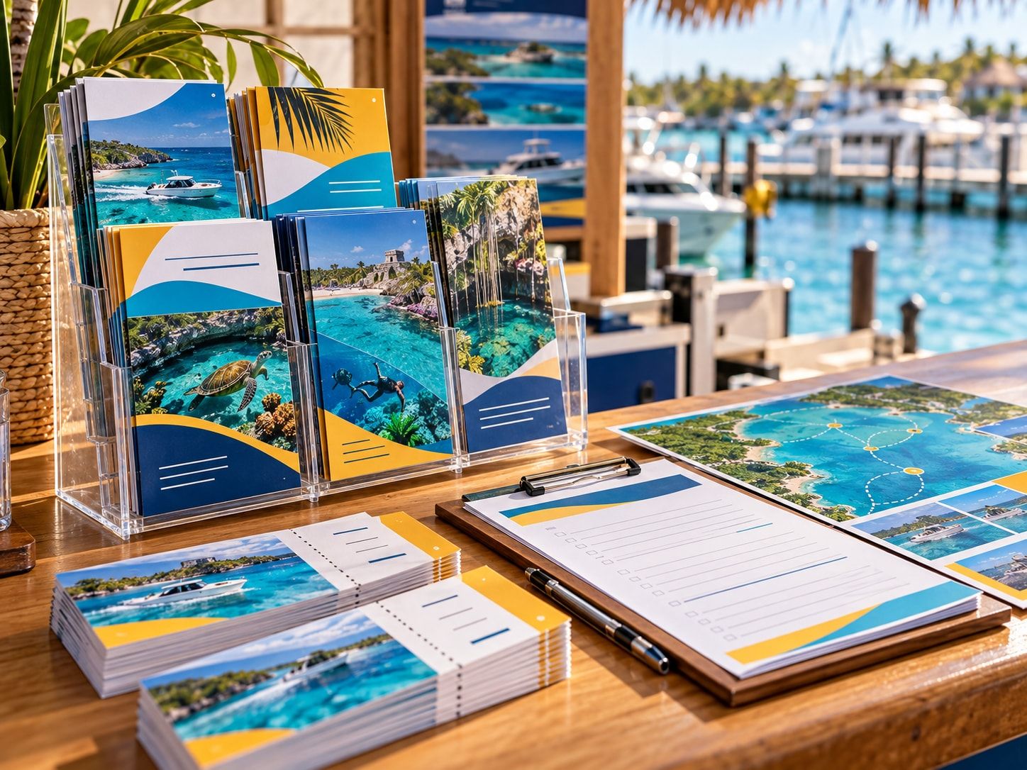 Exhibidor con folletos de tours, cupones con talón, formato de registro y mapa de rutas impresos sobre un mostrador frente a una marina.